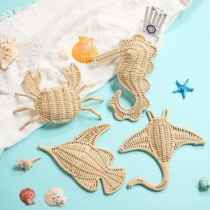 4 Pcs Wicker Sea Wall Decor Fish Stingray Crab Seahorse Hanging Decors🐹